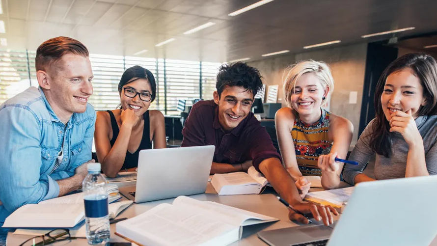 Students collaborating in a campus setting
